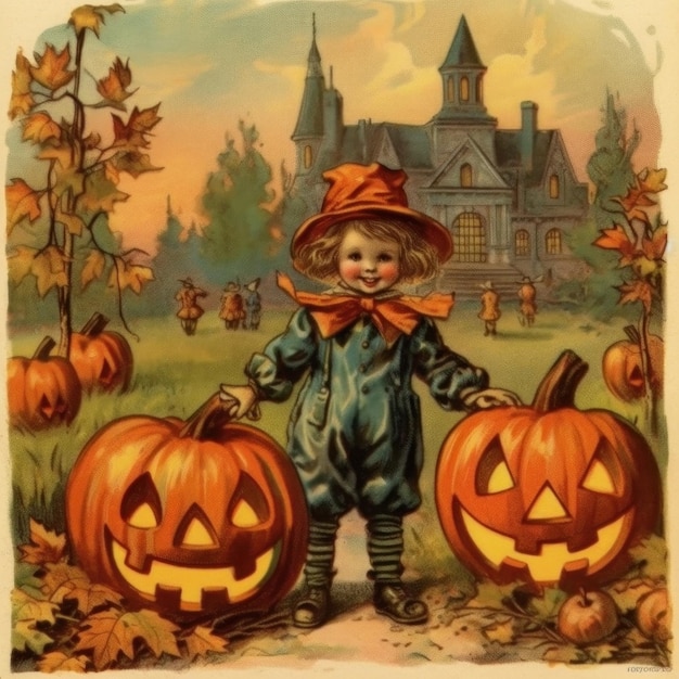 un niño disfrazado de Halloween sostiene una calabaza que dice "calabazas".