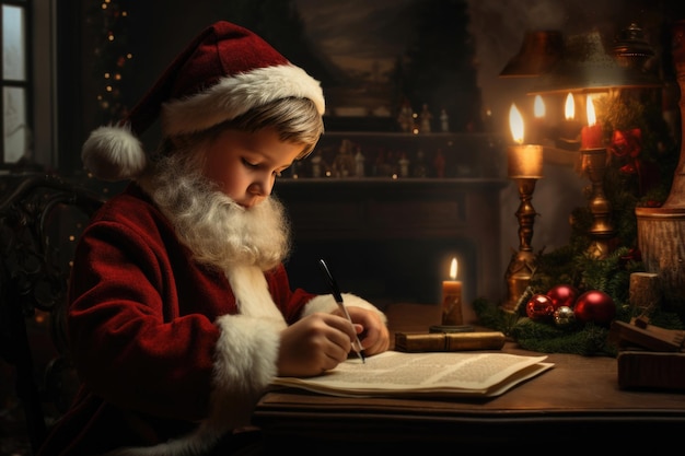 Un niño disfrazado de Papá Noel elaborando una carta con la lista de deseos para Papá Noel que encarna la alegría y la anticipación de los milagros de Navidad y Año Nuevo