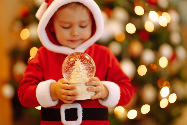 Niño disfrazado de santa sosteniendo un globo de nieve de Navidad.