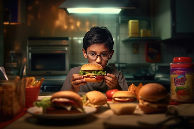Un niño disfruta comiendo una hamburguesa con queso