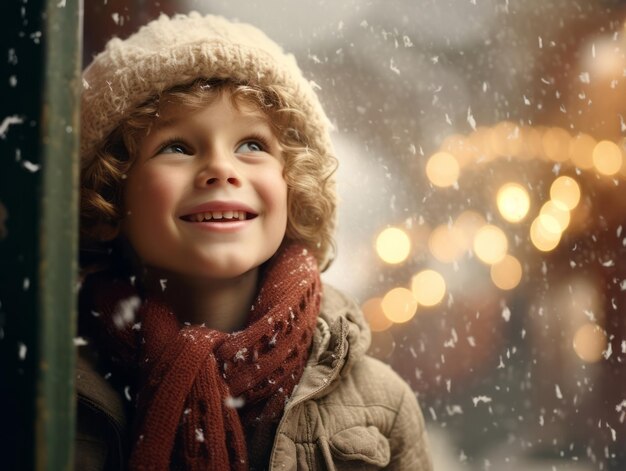 El niño disfruta del día nevado de invierno en una pose juguetona.