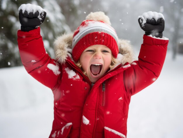 El niño disfruta del día nevado de invierno en una pose juguetona.