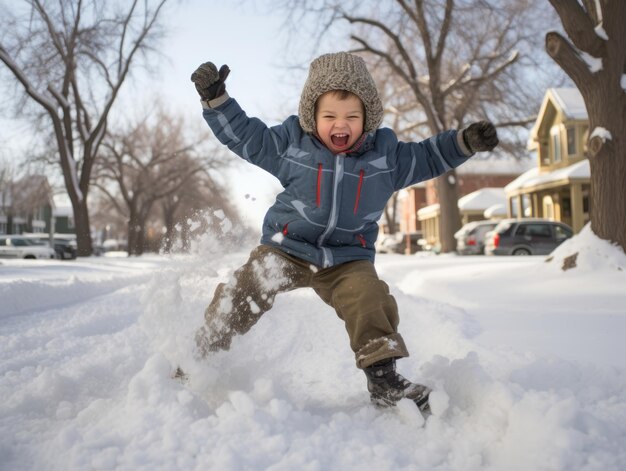 El niño disfruta del día nevado de invierno en una pose juguetona.