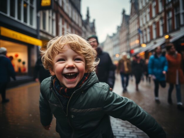 El niño disfruta de un paseo tranquilo por las vibrantes calles de la ciudad