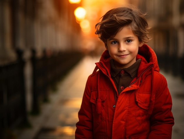 El niño disfruta de un paseo tranquilo por las vibrantes calles de la ciudad