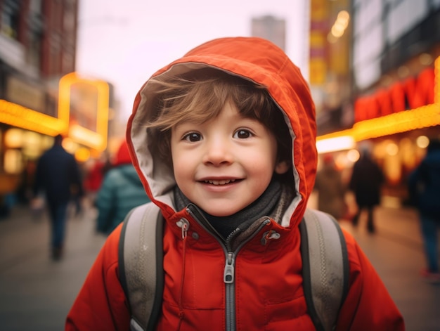 El niño disfruta de un paseo tranquilo por las vibrantes calles de la ciudad