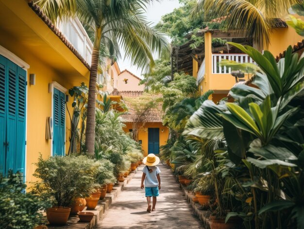 Foto el niño disfruta de un paseo tranquilo por las vibrantes calles de la ciudad