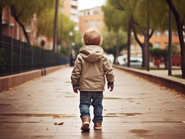 El niño disfruta de un paseo tranquilo por las vibrantes calles de la ciudad