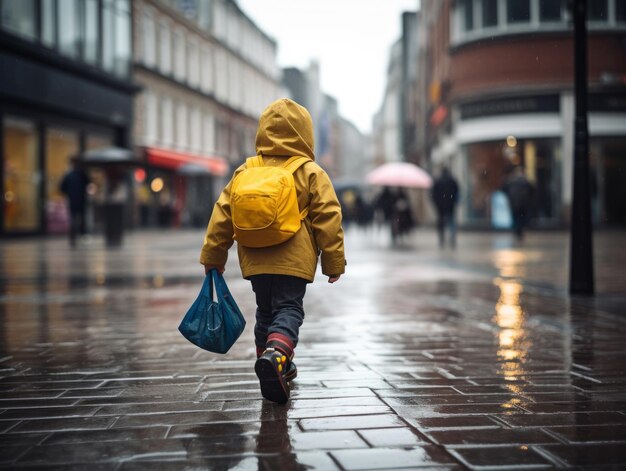 El niño disfruta de un paseo tranquilo por las vibrantes calles de la ciudad