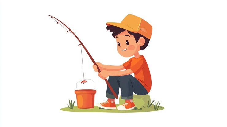 Un niño disfruta de la pesca en un estanque tranquilo en un día soleado en una ilustración al estilo de dibujos animados