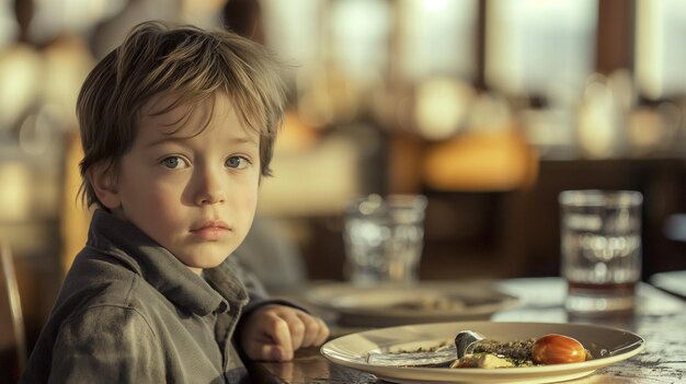 Un niño disfruta de su comida en el confortable ambiente de un acogedor restaurante