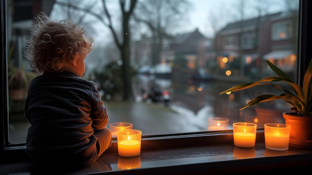 Niño disfrutando de un momento acogedor con velas junto a la ventana en un día lluvioso