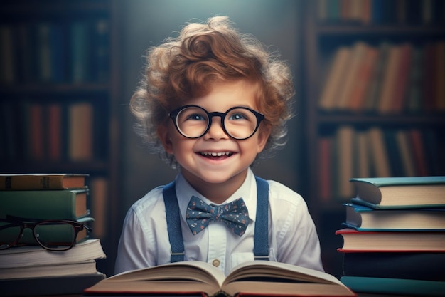 Un niño divertido con gafas apuntando hacia arriba en la pizarra Niño de la escuela primaria