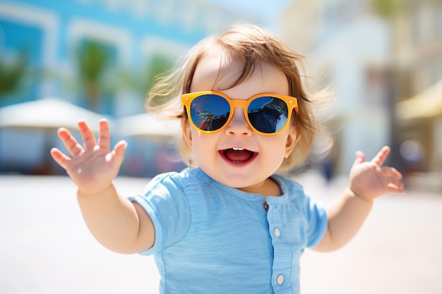 Niño divertido niña jugando al aire libre niño emocional sorprendido en gafas de sol bebé de 1 año criado