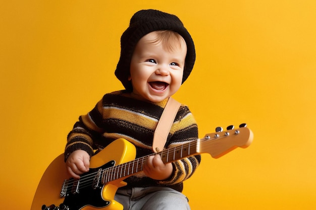 Niño divertido tocando la guitarra y cantando sobre un fondo amarillo creado con IA generativa