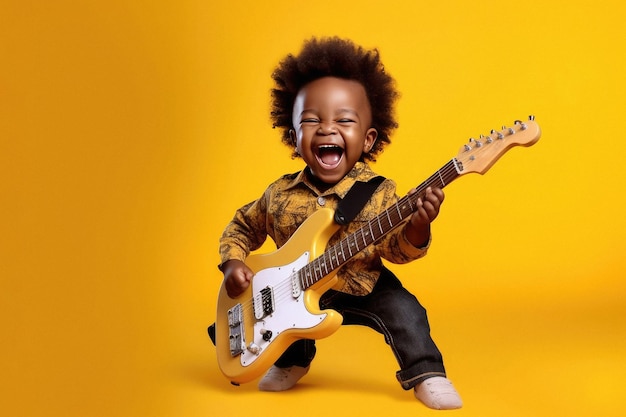 Niño divertido tocando la guitarra y cantando sobre un fondo amarillo creado con IA generativa