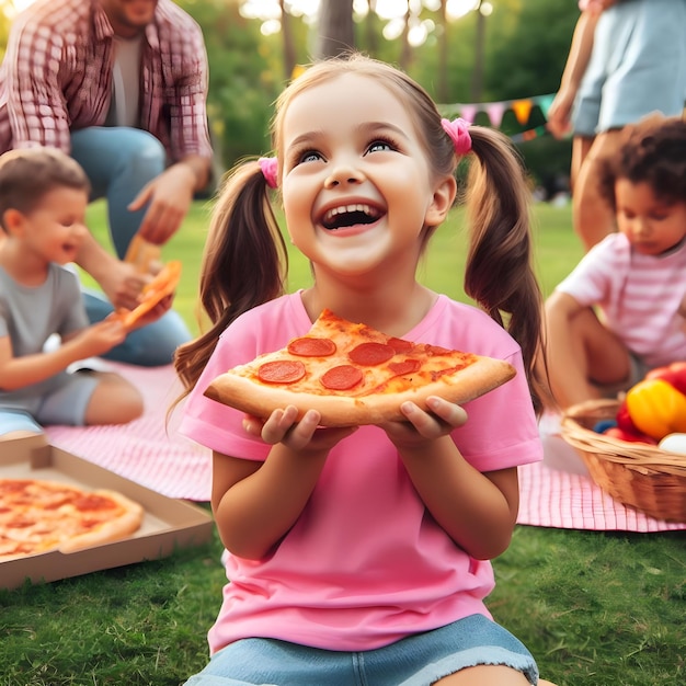 Niño divirtiéndose mientras come pizza