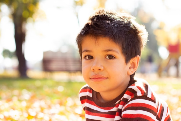 Niño divirtiéndose durante un paseo por el bosque en el soleado día de otoño Niño jugando hojas de arce Tiempo familiar activo en la naturaleza Senderismo con niños pequeños Susurro de hojas