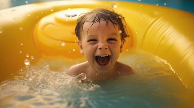 Niño divirtiéndose en la piscina de goma