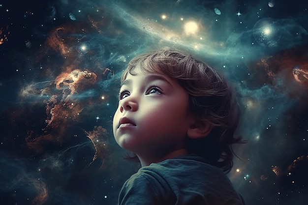 Niño dormido sueña con el espacio con estrellas en sueños por la noche Ilustración generativa de IA