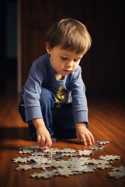 Un niño de dos años está tratando de resolver un rompecabezas