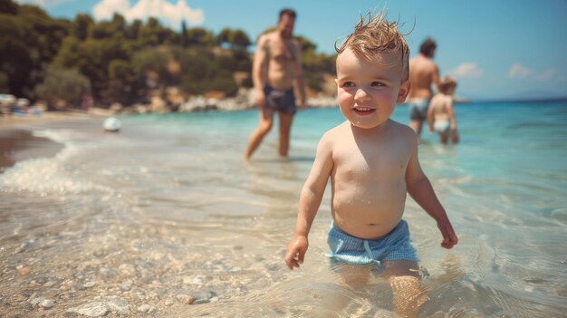 Foto niño de dos años en la playa con su padre vacaciones familiares de verano sithonia grecia