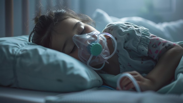 Un niño duerme profundamente ayudado por un nebulizador médico en la suave luz de la mañana