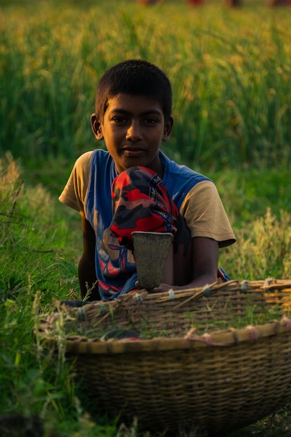 Un niño dulce en el pueblo de Bangladesh está cortando hierba bajo el sol de la tarde en el campo agrícola Foto tomada el 23 de marzo de 2022 del pueblo de Puijor Ciudad Pangsha Distrito Rajbari Bangladesh