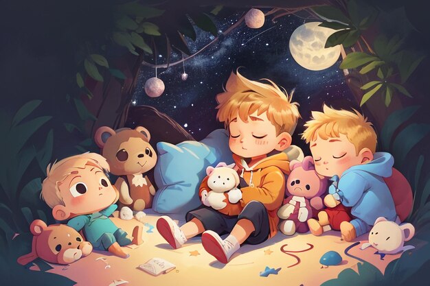 Niño durmiendo con muñeca estrellas llenas fantasía dibujos animados papel tapiz fondo ilustración