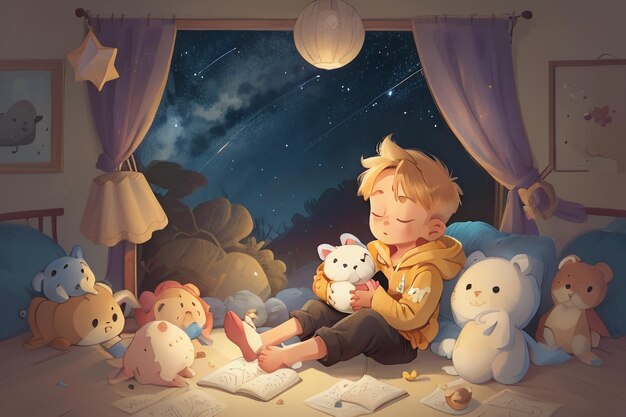 Niño durmiendo con muñeca estrellas llenas fantasía dibujos animados papel tapiz fondo ilustración