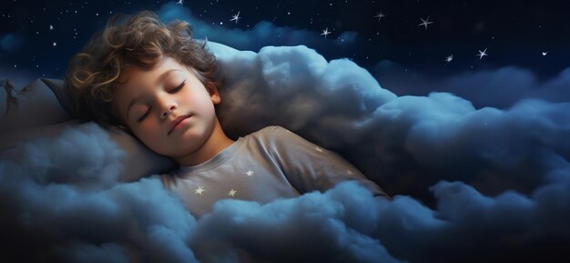 niño durmiendo en la nube con la luna y las estrellas en