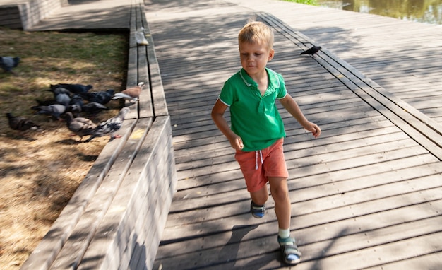 Niño en edad preescolar feliz corriendo en la pasarela de madera cerca de las palomas mientras juega en la orilla del lago en el parque en un día soleado de verano