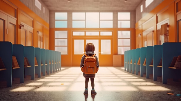 Un niño se para en un edificio escolar con una mochila en la espalda.