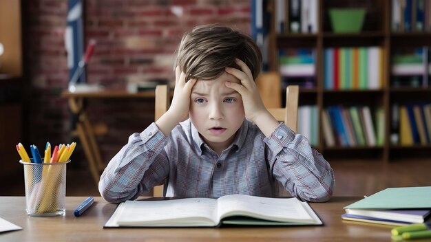 Foto niño educado en el hogar con dificultades para aprender lecciones estrés agotador exceso de trabajo fatiga agotamiento