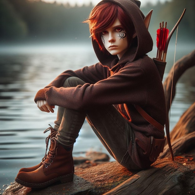 un niño elfo sentado en el borde de un lago tatuaje en su cara cabello rojo ojos rojos capucha marrón con