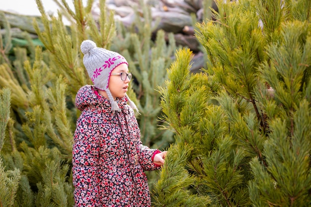 Niño eligiendo y decorando un árbol de Navidad