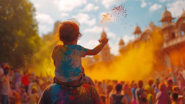 Foto un niño se embarca en una aventura con un elefante durante la fiesta de holi