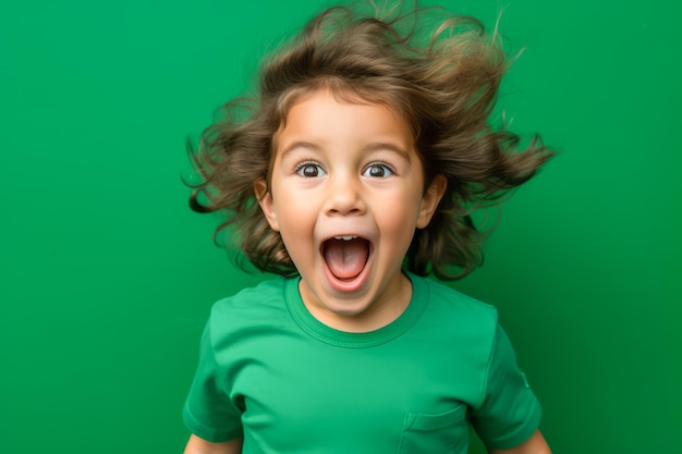 Foto niño emocionado con el cabello barrido por el viento sobre un fondo verde brillante