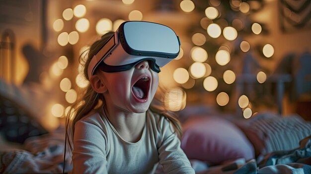 Niño emocionado experimentando la realidad virtual en casa