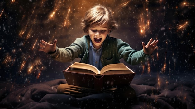 Niño emocionado con un libro mágico abierto con una ola de elementos mágicos astrales que fluyen generativa AI imagen weber