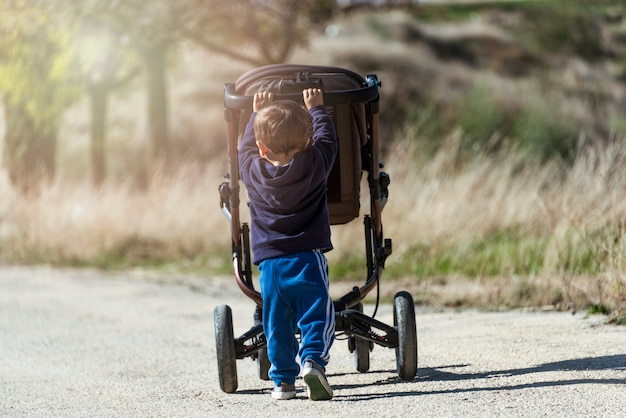 Niño empujando cochecito en paseo por la naturaleza