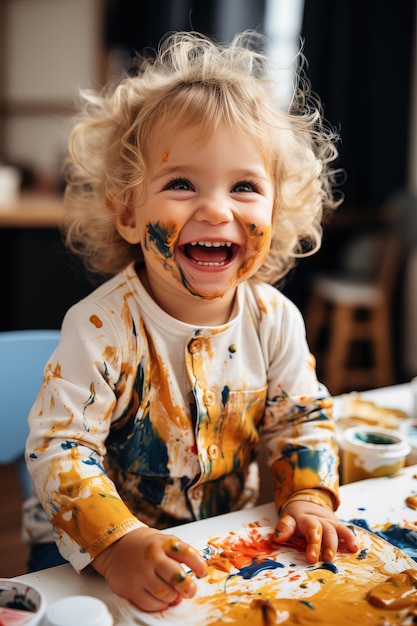 Un niño encantado con pinturas para los dedos