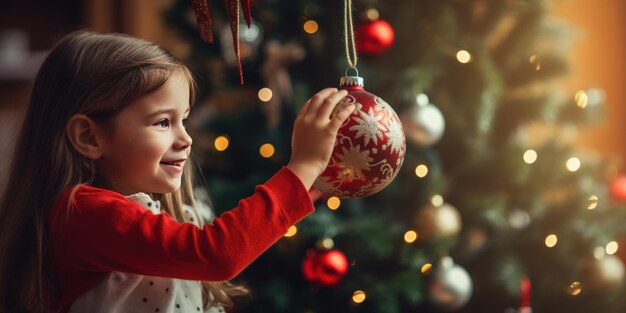 Niño encantado con un suéter de punto rojo colocando adornos en un árbol de Navidad festivo AI generativo