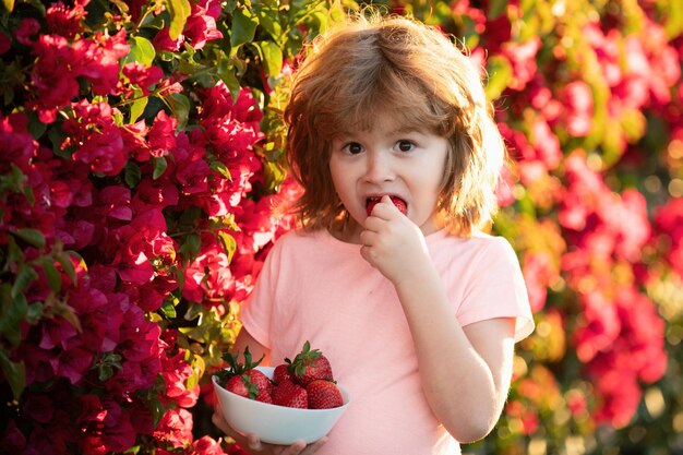 Niño encantador comiendo fresas niño emocionado come fresas en el verano al aire libre