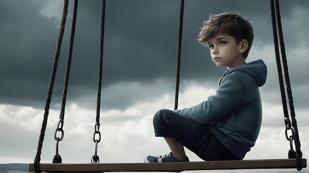 Foto un niño encantador sentado en un columpio mirando hacia abajo con un cielo sombrío en el fondo