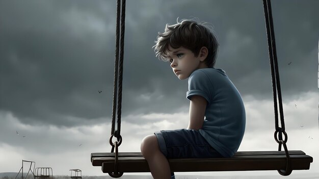 Un niño encantador sentado en un columpio mirando hacia abajo con un cielo sombrío en el fondo