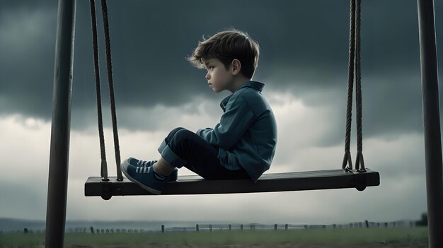 Foto un niño encantador sentado en un columpio mirando hacia abajo con un cielo sombrío en el fondo