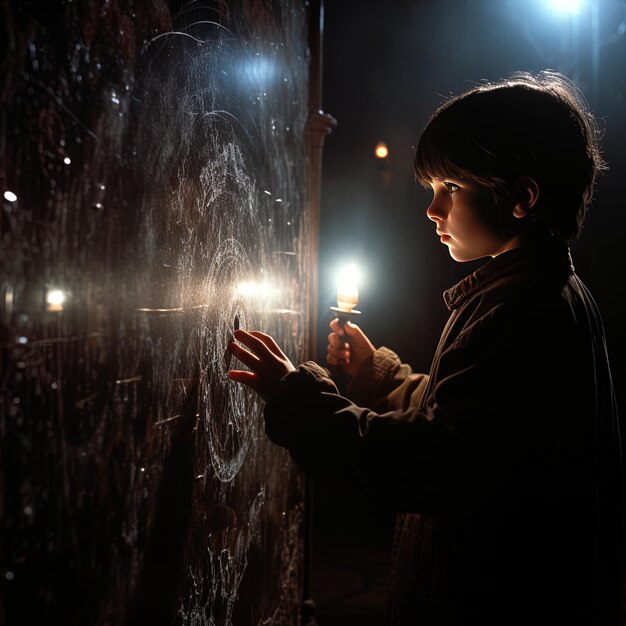 Foto un niño está encendiendo una vela frente a una pared