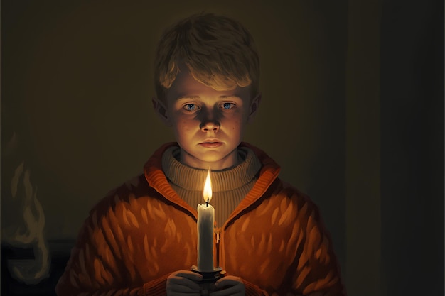El niño encendió la vela sin darse cuenta de que había un demonio detrás de él. Ilustración de estilo de arte digital que pinta el concepto de fantasía de un niño cerca del demonio.