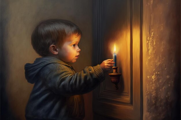 El niño encendió la vela frente a la puerta secreta ilustración de estilo de arte digital pintura ilustración de fantasía de un niño cerca de la puerta secreta